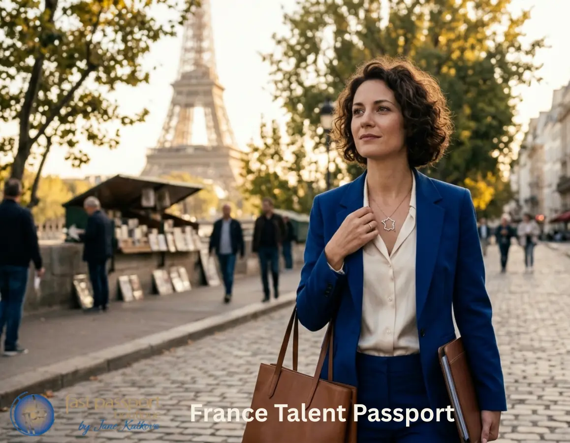 Professional woman in Paris with France Talent Passport text.