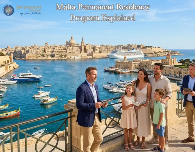 A family enjoys a guided tour overlooking the sunny port of Malta.