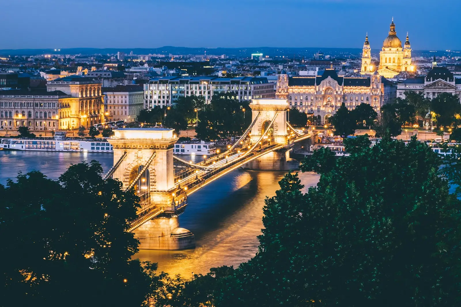 Chain Bridge and St Stephen's Basilica at night, Budapest – Hungary Golden Visa