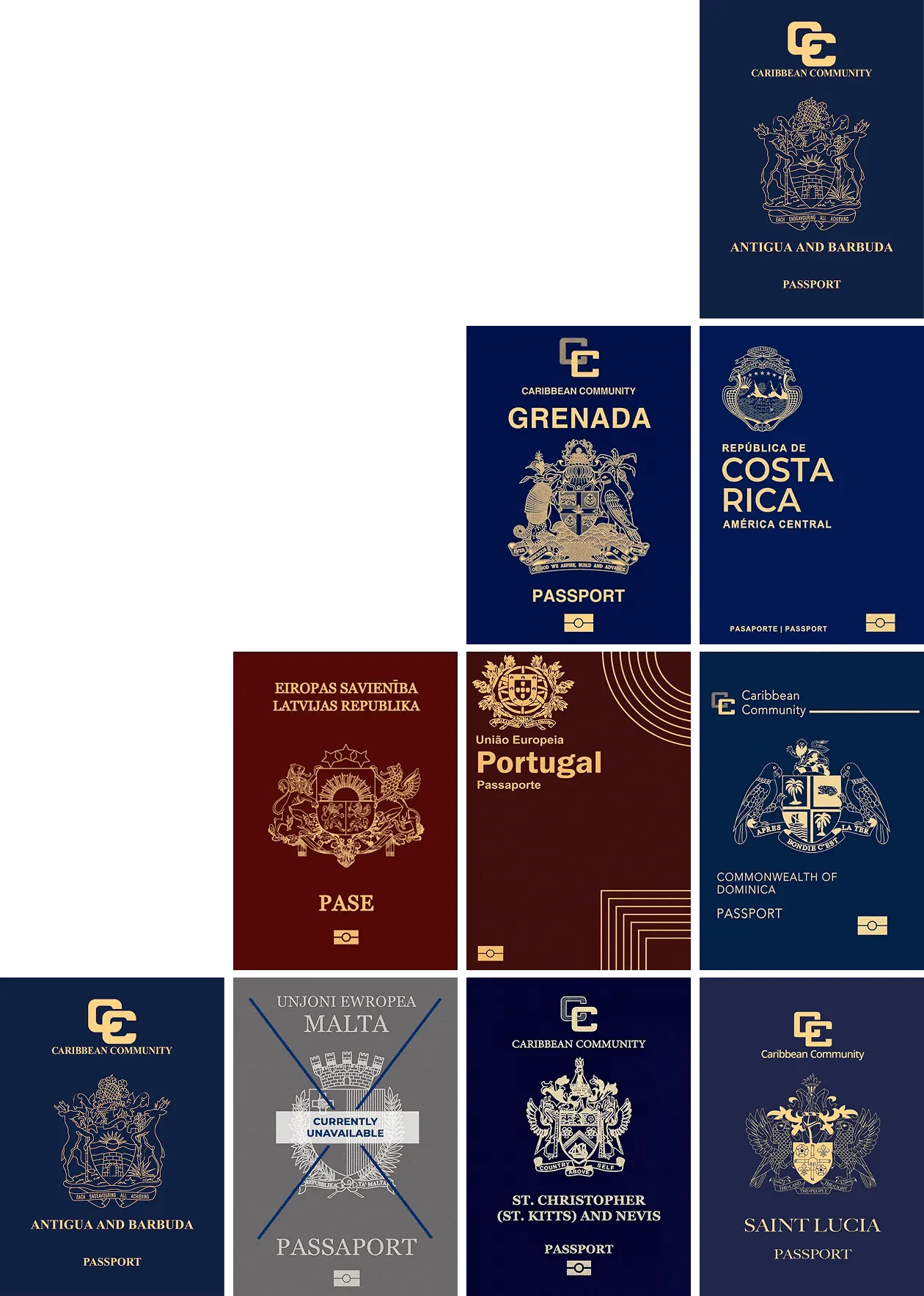 A collage of international passports unlocked through investment migration